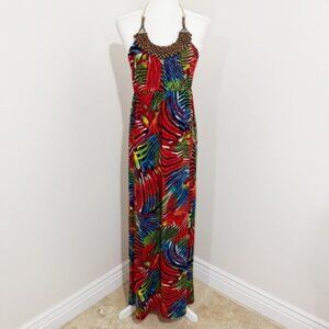 Moa Moa Colorful Tropical Beaded Halter Maxi Dress Size L